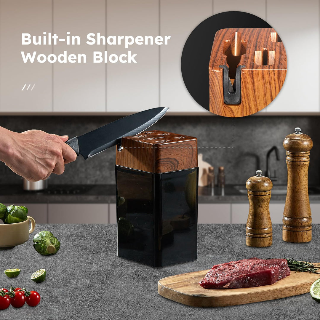 Yabano Messerblock Set, 7 teilig Messerset mit Messerblock und integriertem Messerschärfer,Küchenmes