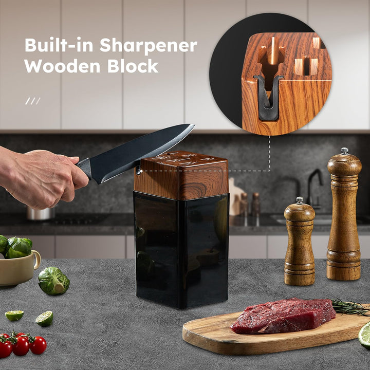 Yabano Messerblock Set, 7 teilig Messerset mit Messerblock und integriertem Messerschärfer,Küchenmes