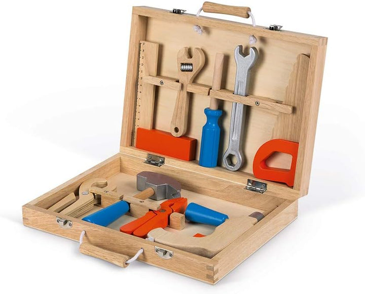 Janod - Brico'Kids Werkzeugkasten, Holz-Werkzeug für Kinder, Spielzeugnachbildung, mit 9 Teilen, ab