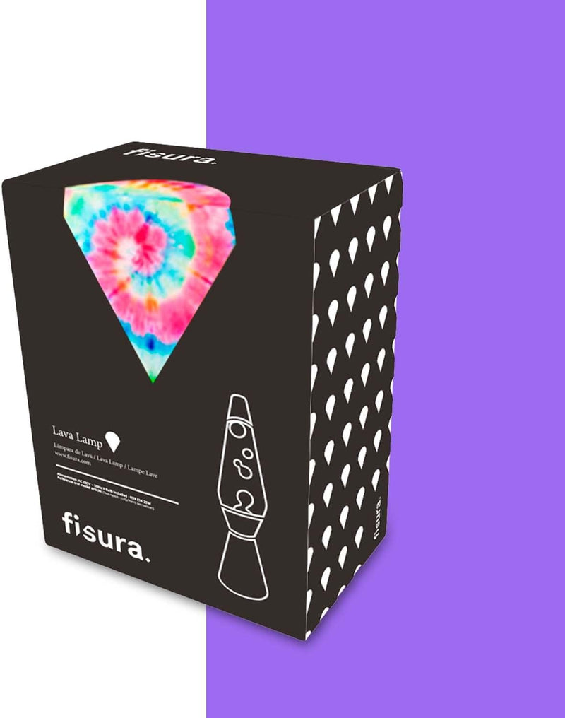 FISURA - "Tie Dye Lavalampe. Mehrfarbige Basis, lila Flüssigkeit und lila Lava. Lavalampe mit Ersatz