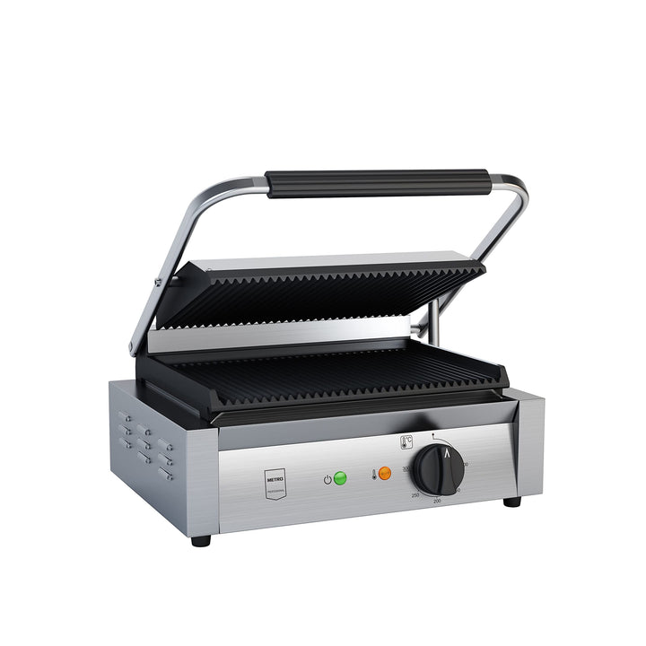 METRO Professional Kontaktgrill SINGLE GPG1201, 3000 W, Rostfreier Stahl, geriffelte Grillfläche, Fe