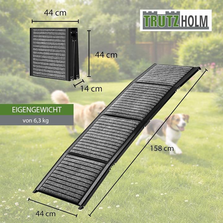 TRUTZHOLM Hunderampe klappbar 158 cm, Autorampe für Hunde, bis 110 kg Tragkraft, 4-Fach klappbar, Al