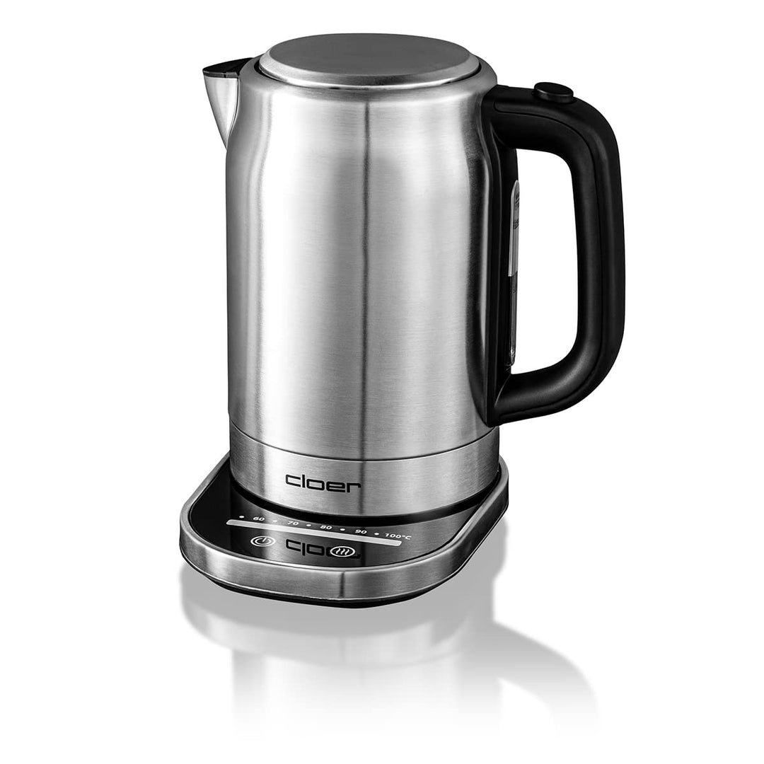 Cloer 4459 Touch-Wasserkocher, Basisstation mit Glasoberfläche-LED-Anzeige, 1,7 Liter, Edelstahl Tou