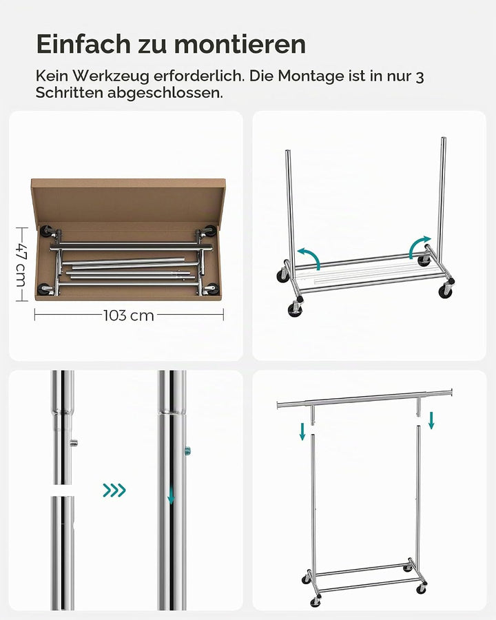 SONGMICS Schwerlast-Kleiderständer, 2er Set, Kleiderstange auf Rollen, bis 90 kg belastbar, mit ausz