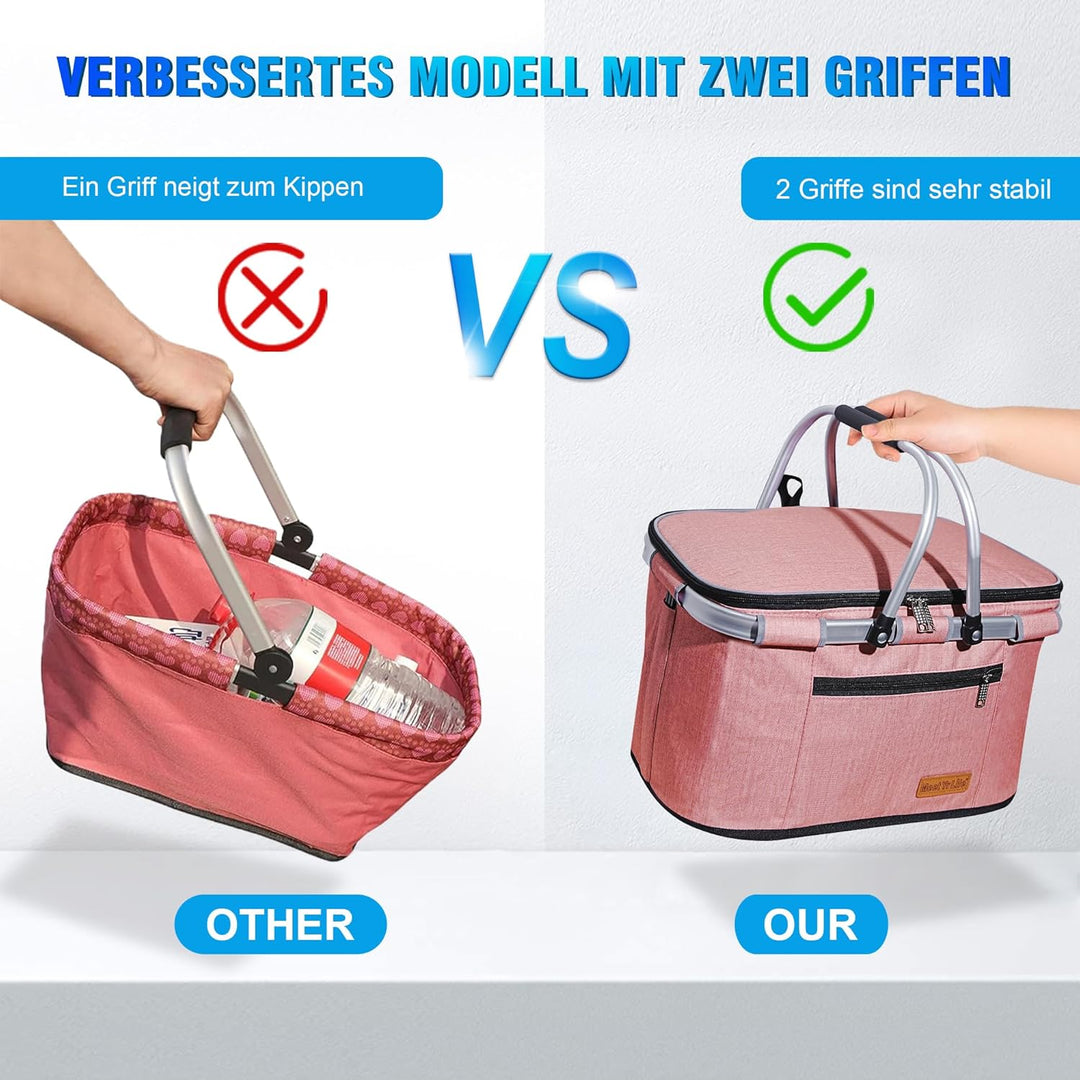 ABIUBIU 34L Kühltasche Einkaufskorb Picknickkorb Grosse isolierte Kühlkorb Lunchtasche Thermo Tasche