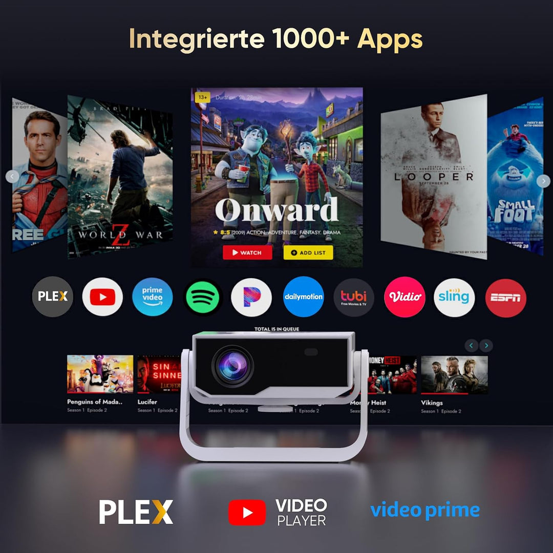 Wielio Smart Beamer, Heimkino Beamer mit integrierter App, 4K Unterstützung, WLAN&BT, 120° verstellb