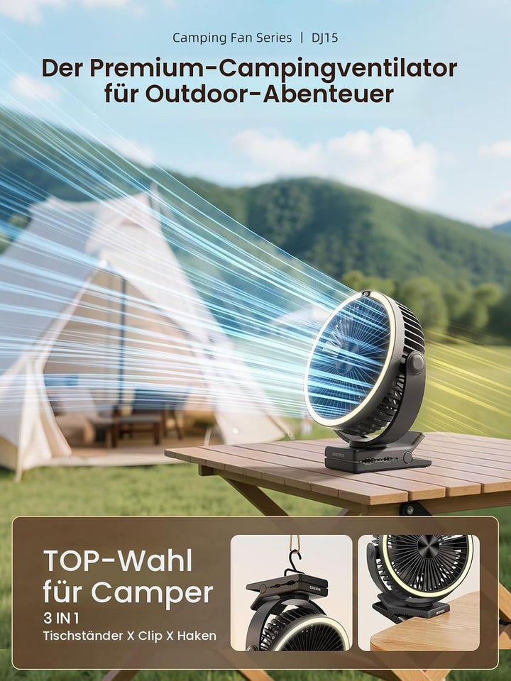 Warmco Tragbarer Ventilator mit LED-Laterne und Haken, 15000 mAh, batteriebetrieben, Camping-Tischve