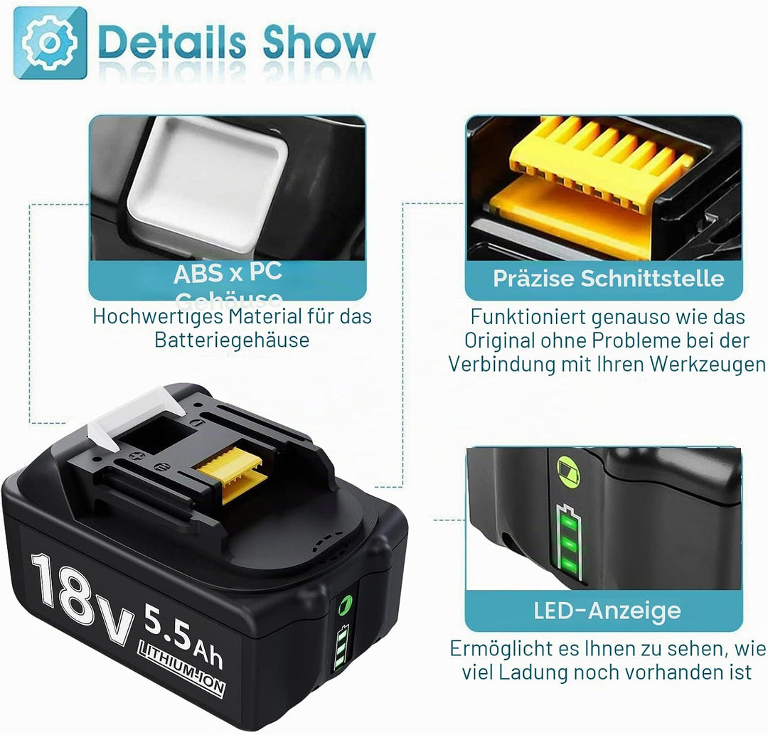 Ladegerät mit 18v 5500mAh Akku für makita BL1830B BL1840 BL1850 BL1850B BL1860 BL1860B BL1815 LXT-40