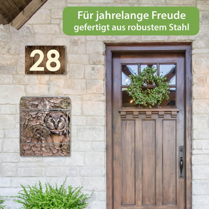 banjado® Design Briefkasten mit Motiv Eule 39x47x14cm &amp; 2 Schlüssel - Briefkasten Stahl Silber mit Z