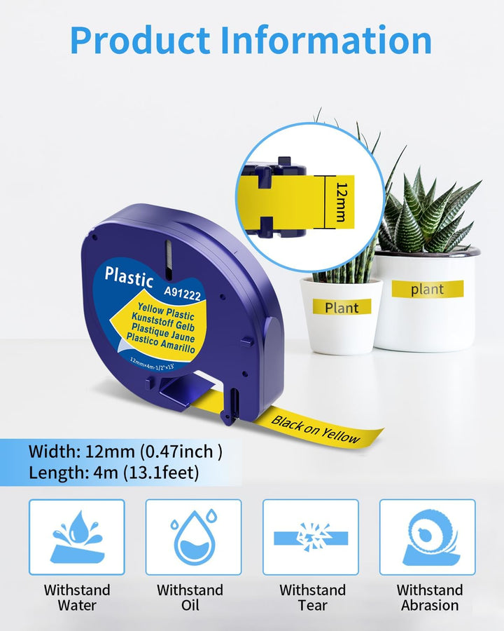 Aken Plastic A91222 Kompatibel mit Dymo LetraTag Etikettenband Gelb 12mm x 4m, Kompatibel mit Dymo L
