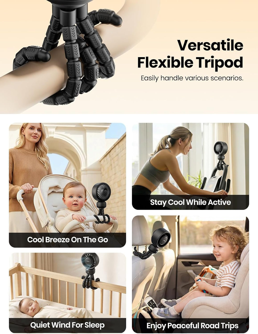 Warmco Tragbarer Kinderwagen-Ventilator, 4000 mAh, wiederaufladbarer Clip-On-Stativventilator (bis z