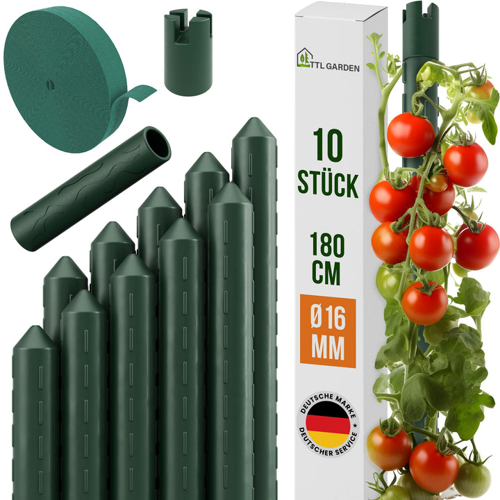 TTL GARDEN Rankstäbe 10er Set 180cm x 16mm Ø grün - extra stabile 16 mm Rankhilfe Pflanzstäbe + Klet