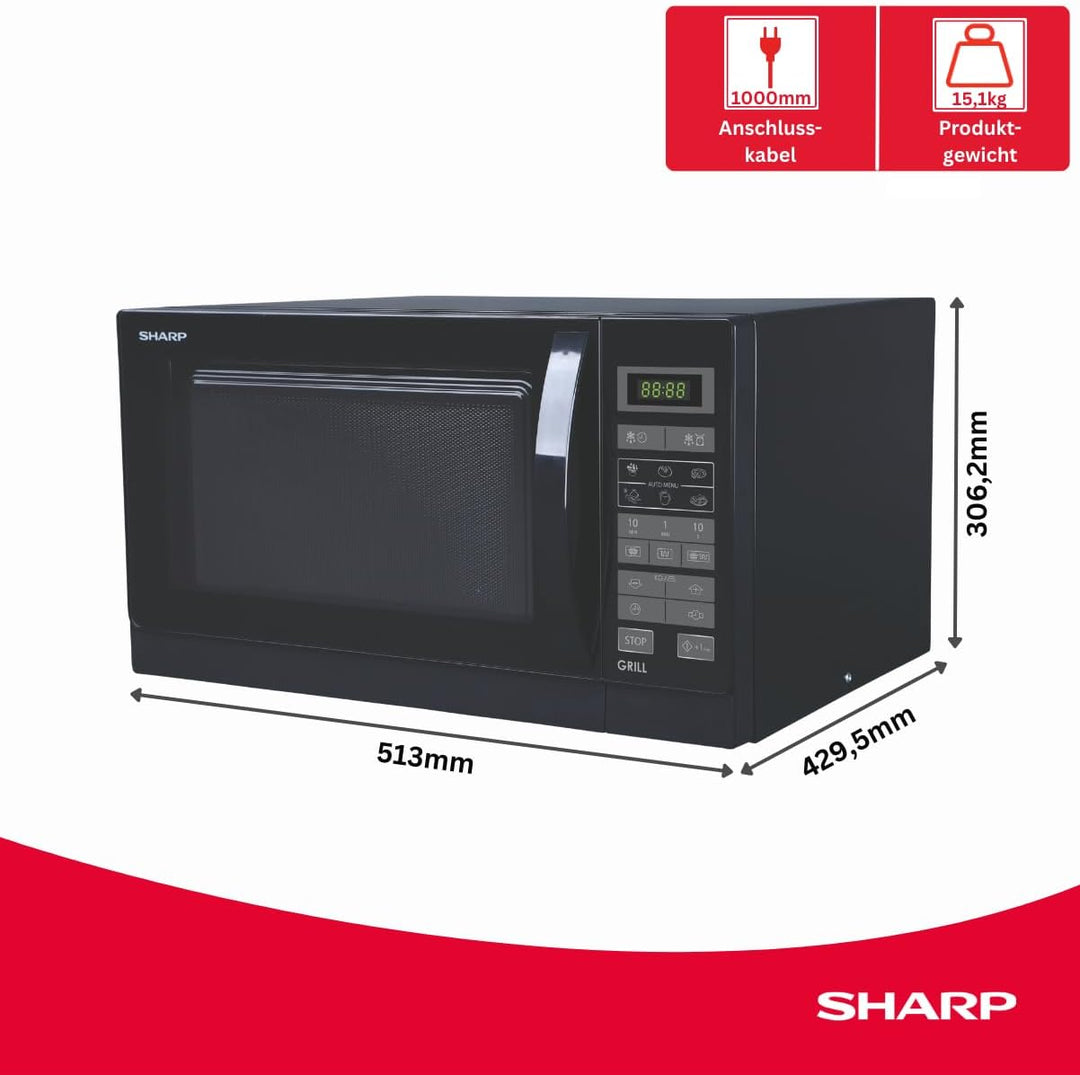Sharp R742BKW 2-in-1 Mikrowelle mit Grill / 25 L / 900 W / 1000 W Grill / LED-Display / 8 Automatikp