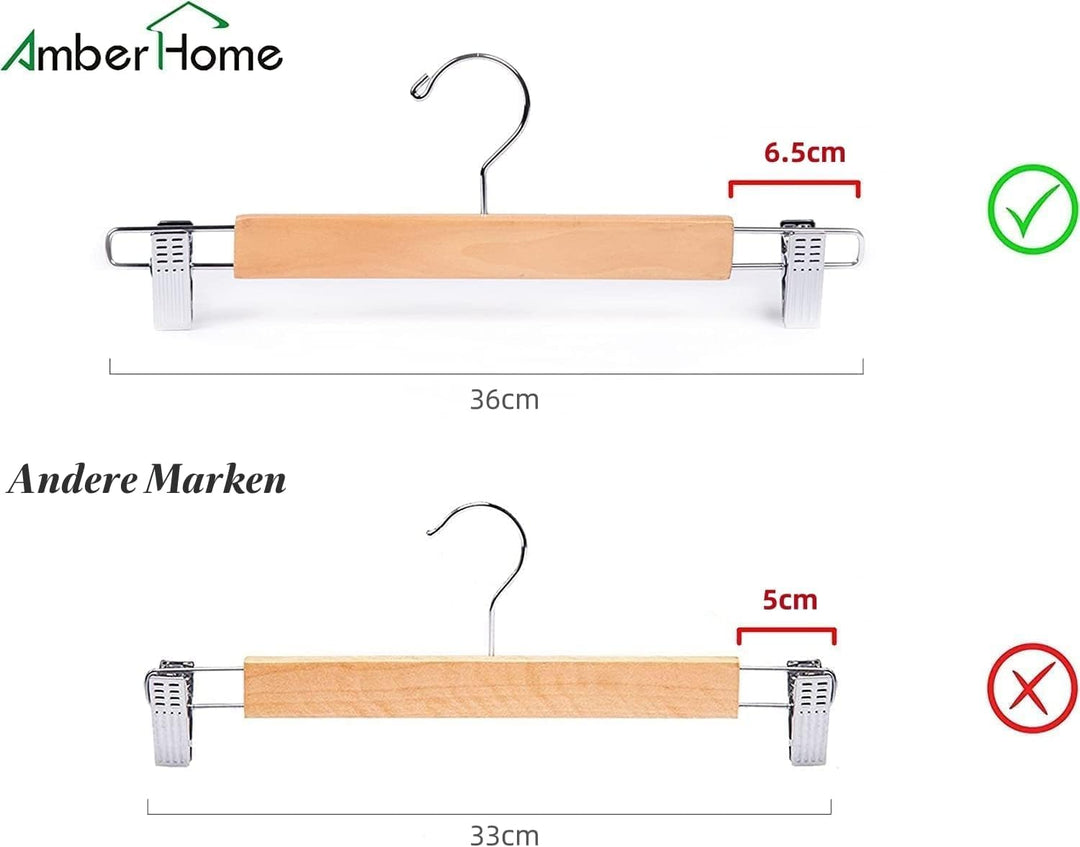 Amber Home 10 Stück 36cm Natürliche Kleiderbügel aus Holz, Robust und Glänzend Hosenbügel Aufhänger