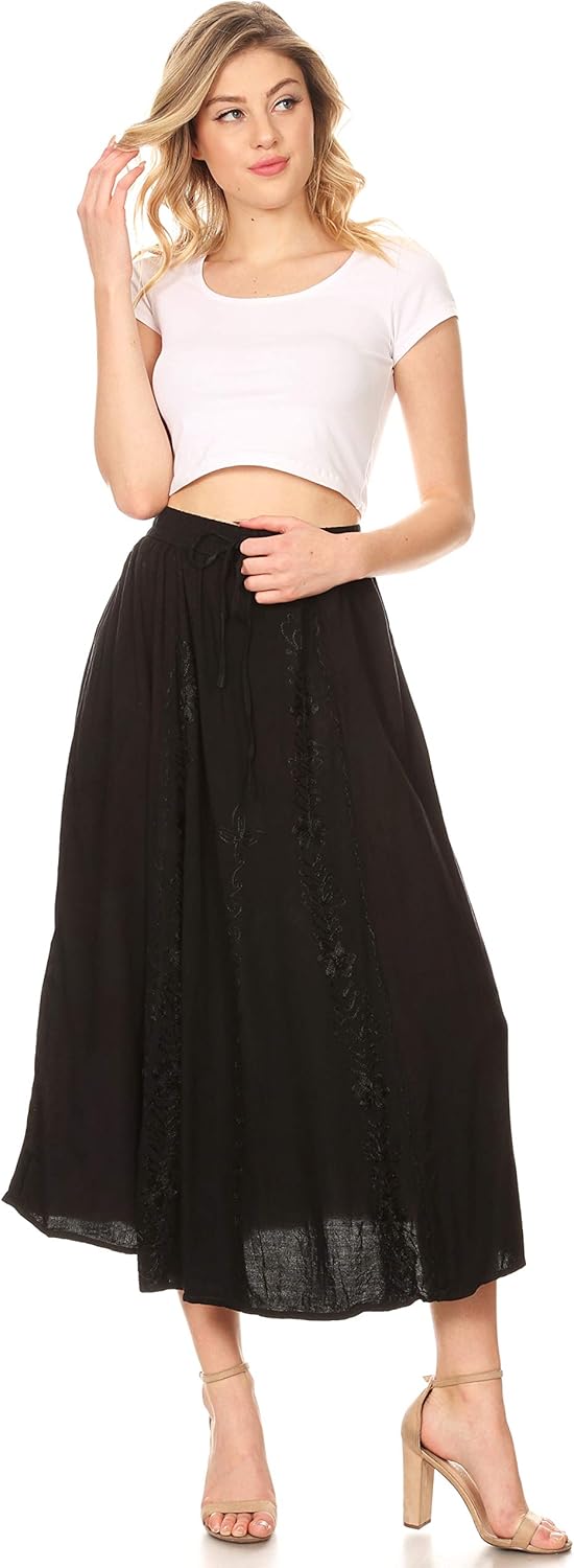 Sakkas Maran Frauen Boho Stickerei Rock mit elastischer Taille und Taschen Einheitsgrösse Schwarz, E
