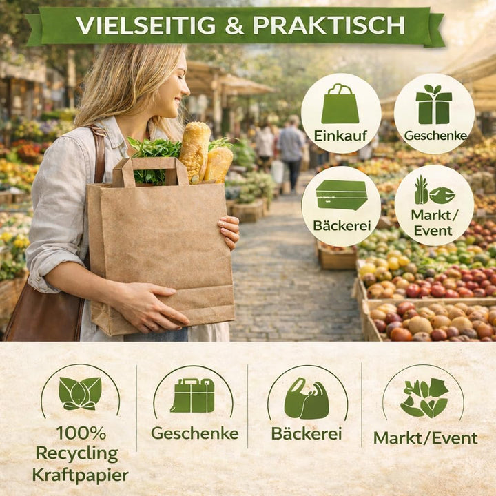 250 Papiertüten Braun mit Henkel 22+10x36cm – Papiertragetaschen und Papiertaschen mit Henkel aus st