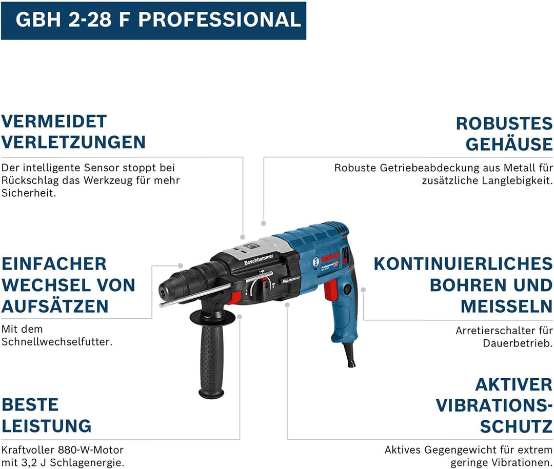 Bosch Professional Bohrhammer GBH 2-28 F (inkl. Zusatzhandgriff, Tiefenanschlag 210mm, Maschinentuch