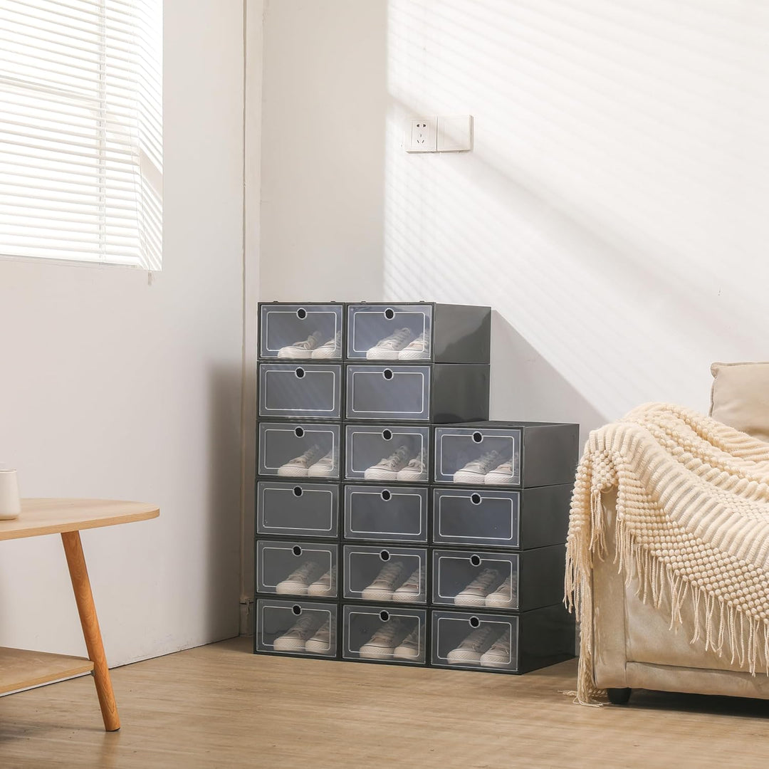 Schuhboxen, 24 Stück, stapelbar, mit transparentem Deckel, faltbar, für Damen/Herren (schwarz), Schw
