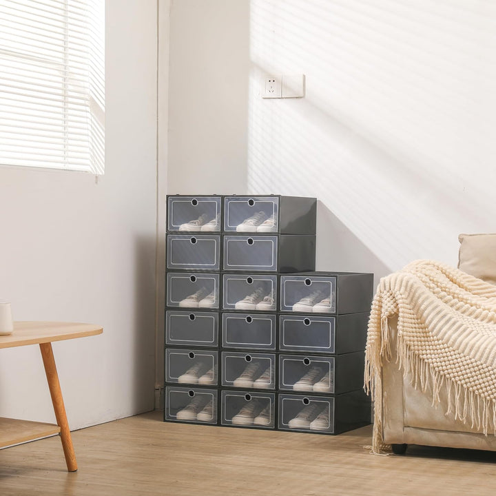 Schuhboxen, 24 Stück, stapelbar, mit transparentem Deckel, faltbar, für Damen/Herren (schwarz), Schw