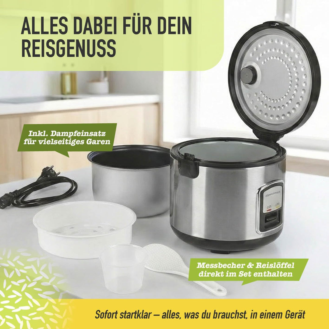 GOURMETmaxx Kompakt-Reiskocher &amp; Dampfgarer, 1L, inkl. Dampfeinsatz, Gartopf, Reislöffel &amp; Messbeche