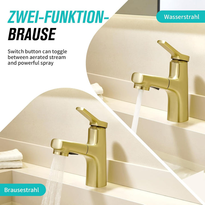 CREA Modern Waschtischarmatur Badezimmer mit 2 Wasserstrahlarten Brause ausziehbar, Einhebelmischer