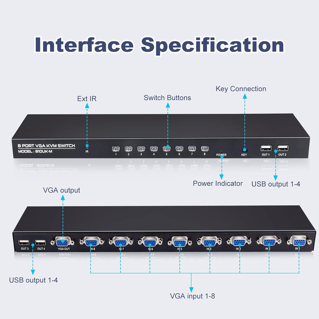 TCNEWCL 8 Port VGA KVM Switch, USB VGA KVM Switcher für 8 PC 1 Monitor, mit kabelgebundene Fernbedie