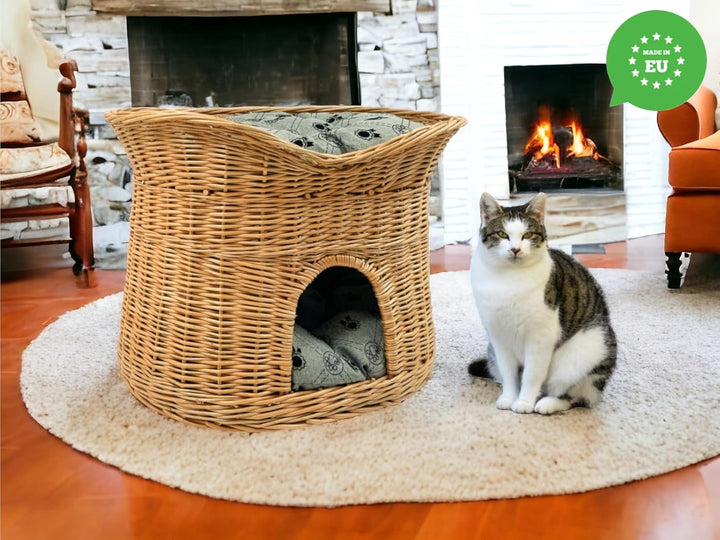 Katzenkorb zum Schlafen – Katzenhütte Indoor – Grösse L: 60 cm oval – Katzenhöhle aus Weide – Zweist