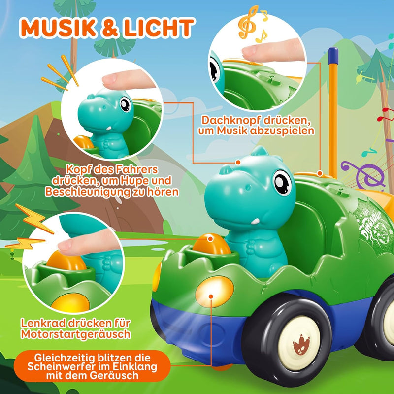 Pup Go Kleinkind Dinosaurier RC Cartoon Auto mit Musik und Lichtern, 2 austauschbare Puppen, Erste F