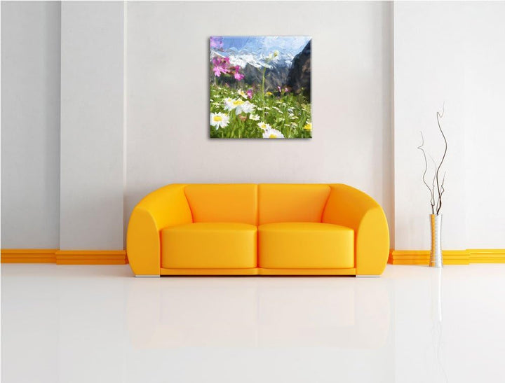 Schöne weite Blumenwiese, Format: 70x70 auf Leinwand, XXL riesige Bilder fertig gerahmt mit Keilrahm