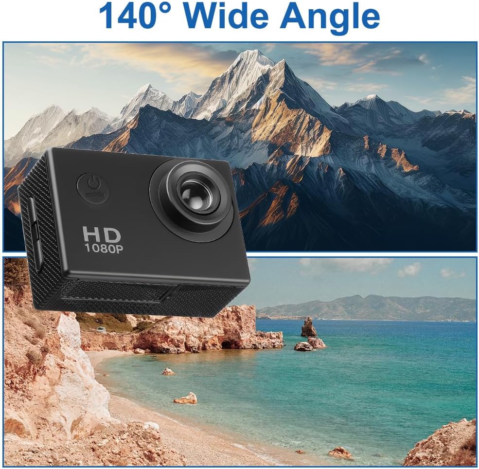Action cam mit 32G Karte, HD 1080P30FPS Unterwasserkamera 30m Wasserdicht mit 900mAh Akkus, 140° Ult