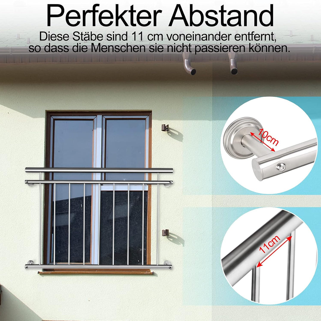 XMTECH Französischer Balkon Edelstahl 100 x 90 cm Balkongeländer Stabgeländer Geländer Balkongitter