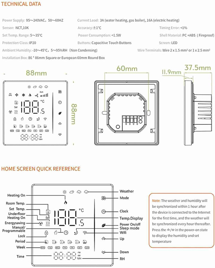 Decdeal WiFi Thermostat Wasser-Fussbodenheizung,Unterstützung Von TUYA/Smart Life,Google Home,Progra