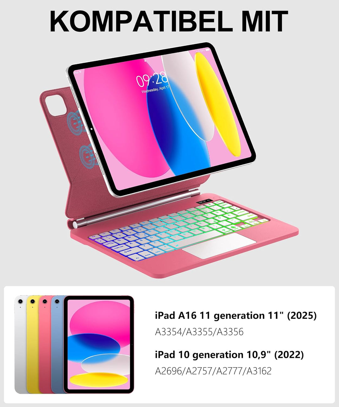 JADEMALL Magic Keyboard Für iPad A16 11/10. Gen mit TP &amp; Beleuchtung QWERTZ | Magic Keyboard für iPa
