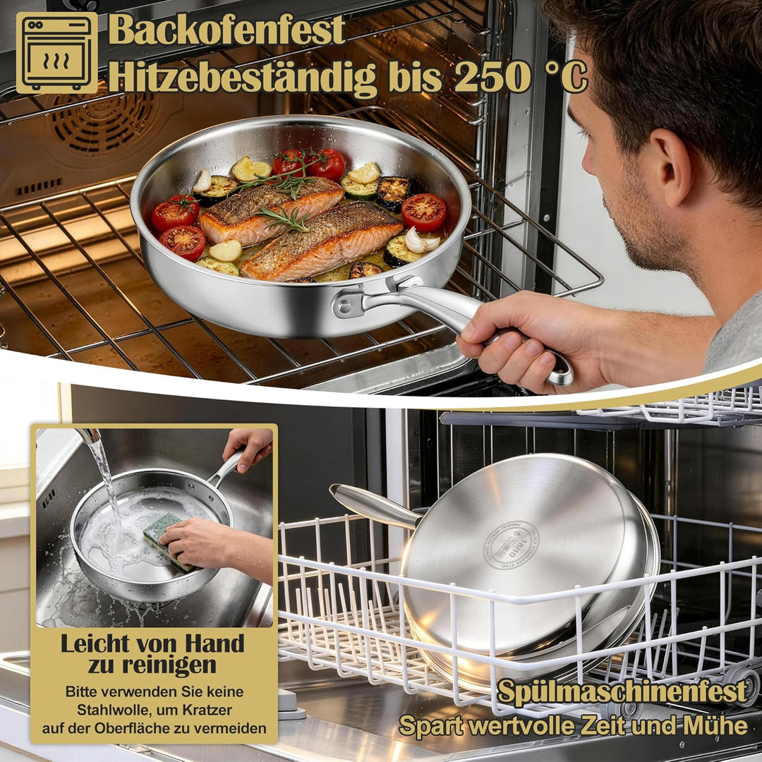 HaWare Edelstahlpfanne 30 cm, 3-Lagige Edelstahl Pfanne Induktion,Unbeschichtet Bratpfanne für Alle