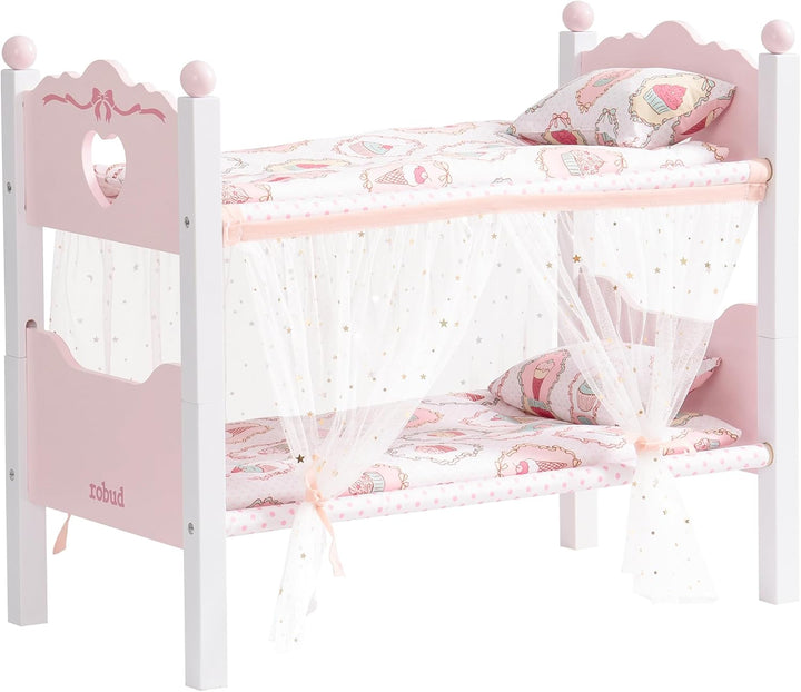 ROBUD Holzpuppen-Etagenbett, 2-in-1-Convertible Puppenbett mit Bettwäsche, Baldachin Vorhänge &amp; Herz