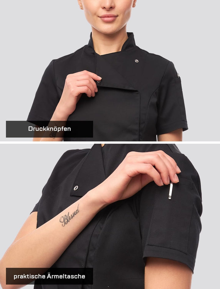 strongAnt Kochjacke Damen kurzarm Stretch mit Druckknöpfen oder Reissverschluss Kochuniform S Schwar