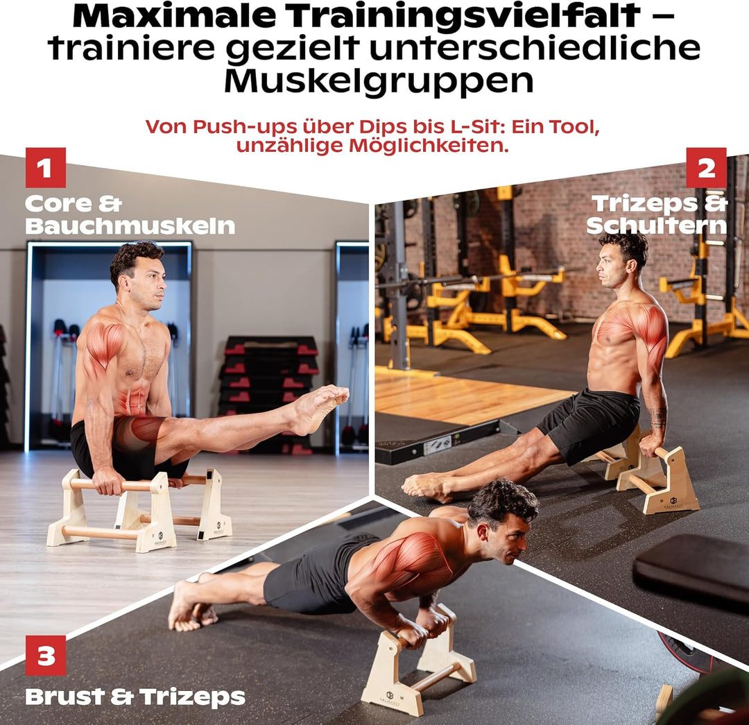 Calibarzz Parallettes & Liegestützgriffe aus Holz [3 Höhen] Push up Bars - Handstand Griffe - Dip Ba