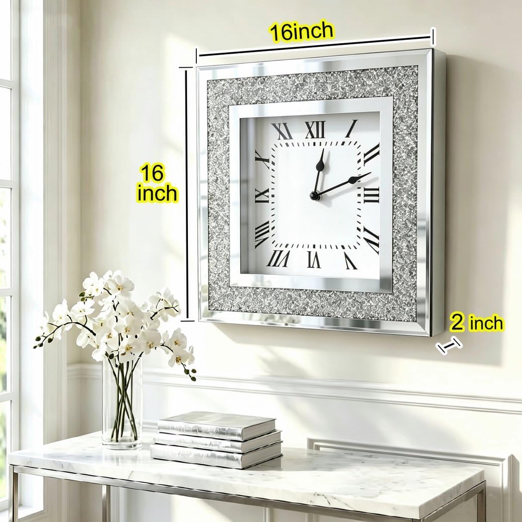Crystal Crush Diamond Mirrored Square Wall Clock with Sparkle Twinkle Bling Diamond Decor for Wall D