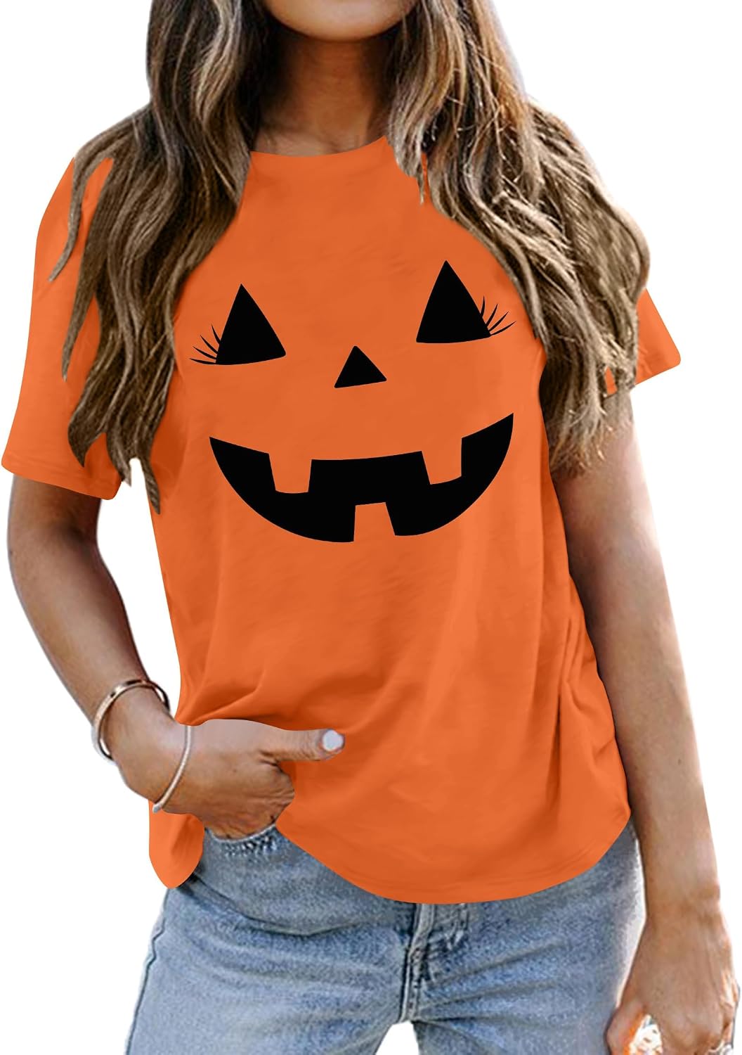 Damen Halloween KüRbisgesicht T-Shirt Frauen KüRbis Shirt Herbst Karneval Shirts S Orange3, S Orange
