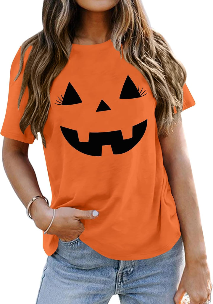Damen Halloween KüRbisgesicht T-Shirt Frauen KüRbis Shirt Herbst Karneval Shirts S Orange3, S Orange