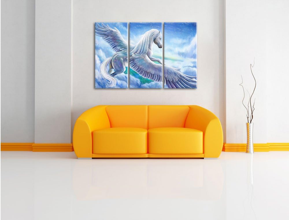 Pixxprint Pegasus fliegt über den Wolken / 3-Teilig/Gesamtmass 120cm Leinwandbild bespannt auf Holzr
