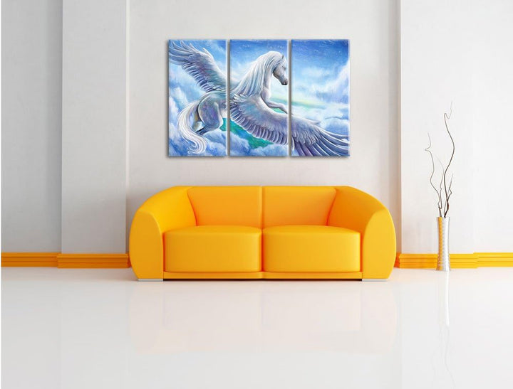 Pixxprint Pegasus fliegt über den Wolken / 3-Teilig/Gesamtmass 120cm Leinwandbild bespannt auf Holzr