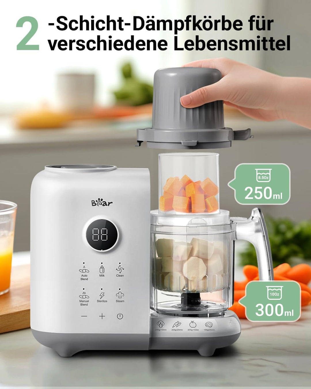 Bear 6-in-1 Dampfgarer mit Mixer Premium Babynahrungszubereiter,Dämpfen, automatisches Rühren, Milch