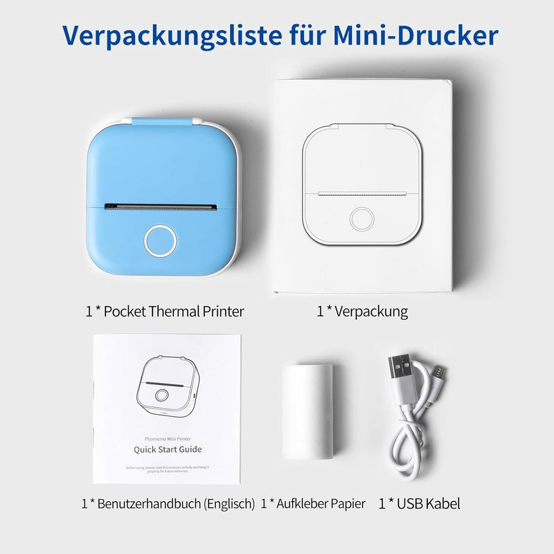 ASprink T02 Mini Drucker, Tragbarer Fotodrucker fürs Handy, Mini Printer, Sticker Drucker, Thermodru