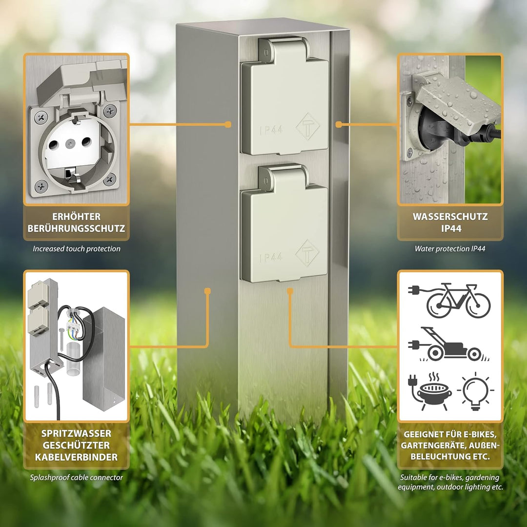 ledscom.de 2 Stück Garten-Steckdosen-Säule POMI mit Erdspiess für aussen, IP44, 2-Fach, Edelstahl, e