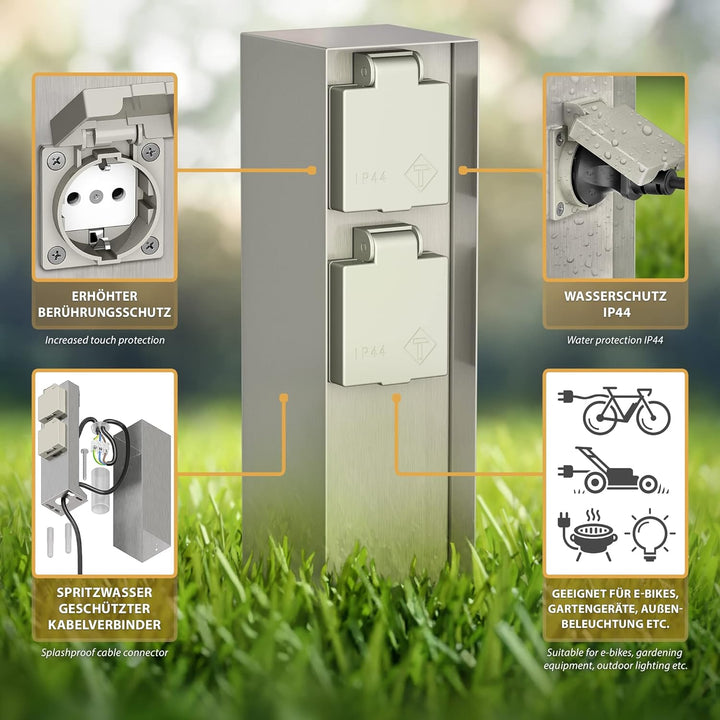 ledscom.de Garten-Steckdosen-Säule POMI mit Erdspiess für aussen, IP44, 2-Fach, Edelstahl, eckig, 23