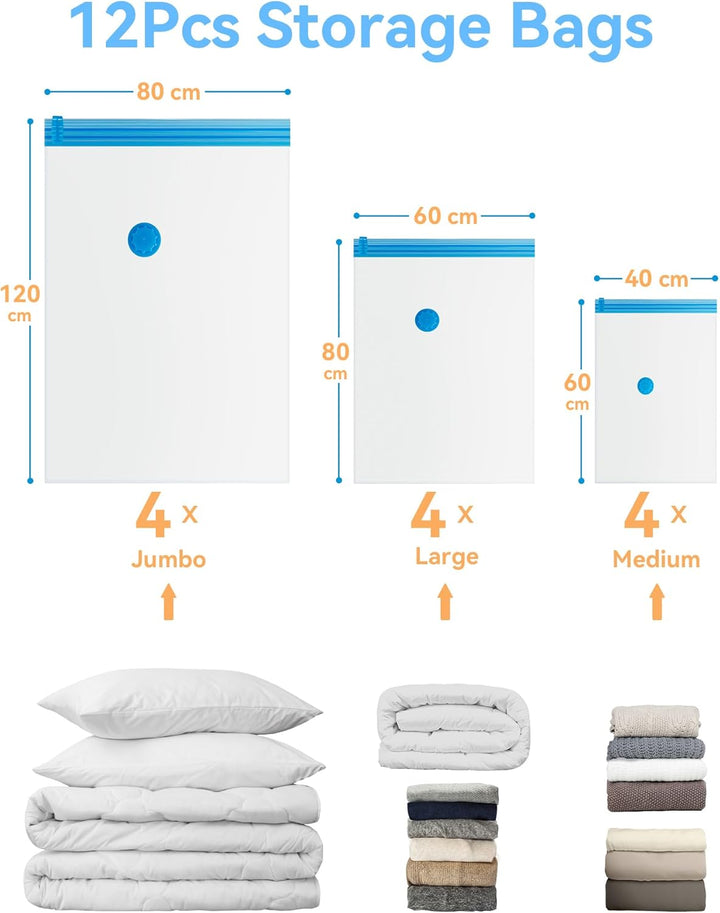 HEETA Vakuumbeutel für Bettdecken, 12 Stück Vakuumierbeutel Kleidung (4 Jumno, 4 Gross, 4 Klein), Wi