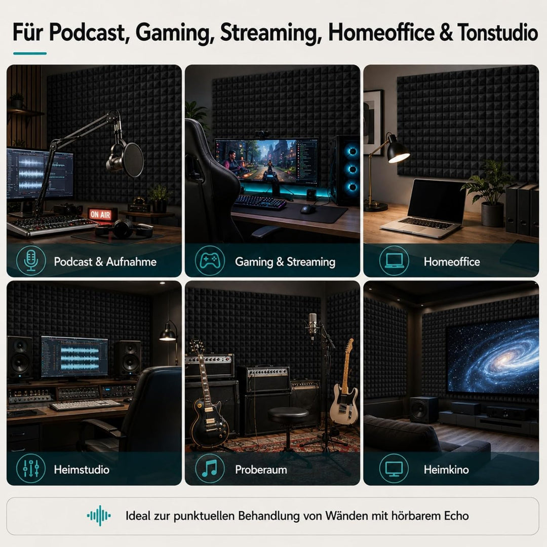 Fiqops 24 Stück Akustikschaumstoff Selbstklebend Akustikpaneele 5x30x30 cm Schalldämmung wand Echo-F
