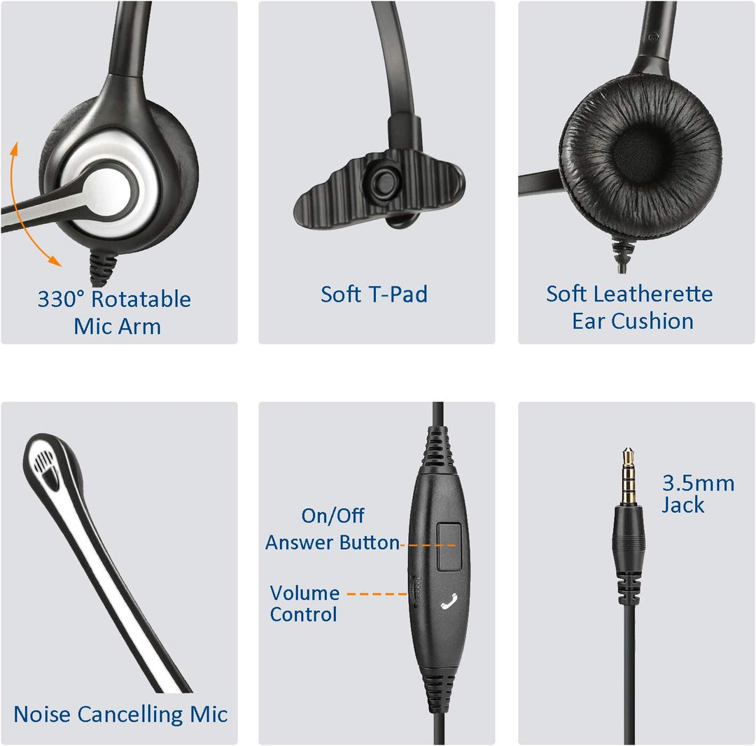 Wantek Mono-Headset mit Mikrofon für Laptop, PC-EIN-Ohr-Kopfhörer 3,5mm Klinke & 2,5mm Adapter,Geräu