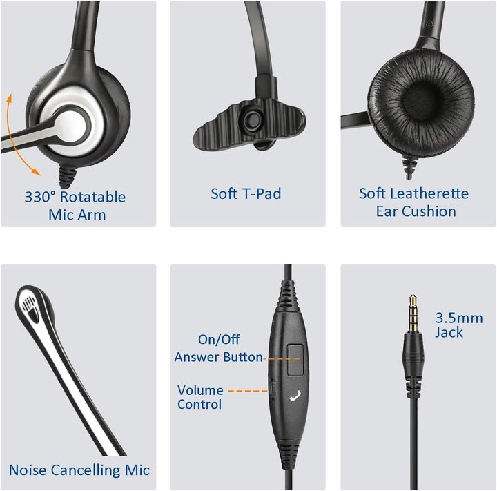 Wantek Mono-Headset mit Mikrofon für Laptop, PC-EIN-Ohr-Kopfhörer 3,5mm Klinke & 2,5mm Adapter,Geräu